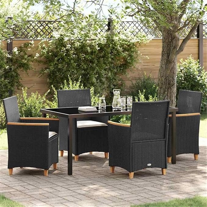 Afuera Living 5-Piece Poly Rattan Patio Dining Set, Black Finish, Weather-Resistant Steel Frame, Glass Tabletop, Wood Accents, Seating for 4, Modern Outdoor Furniture for Garden, Patio, Terrace