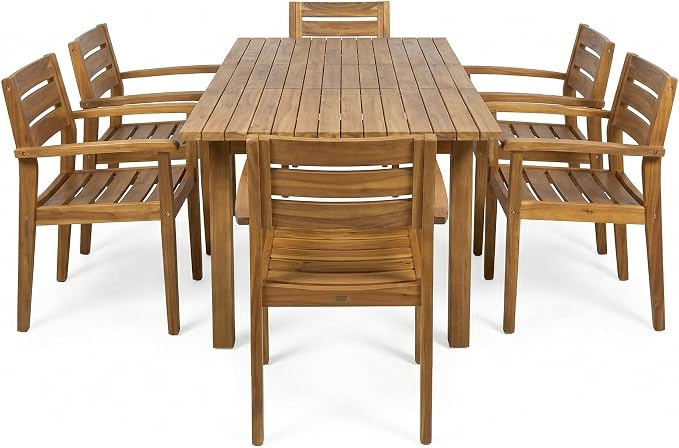 7-Piece Acacia Wood Outdoor Dining Set with 6 Chairs and Expandable Table, Teak Finish - Weather-Resistant Patio Furniture for Backyard, Garden, and Deck