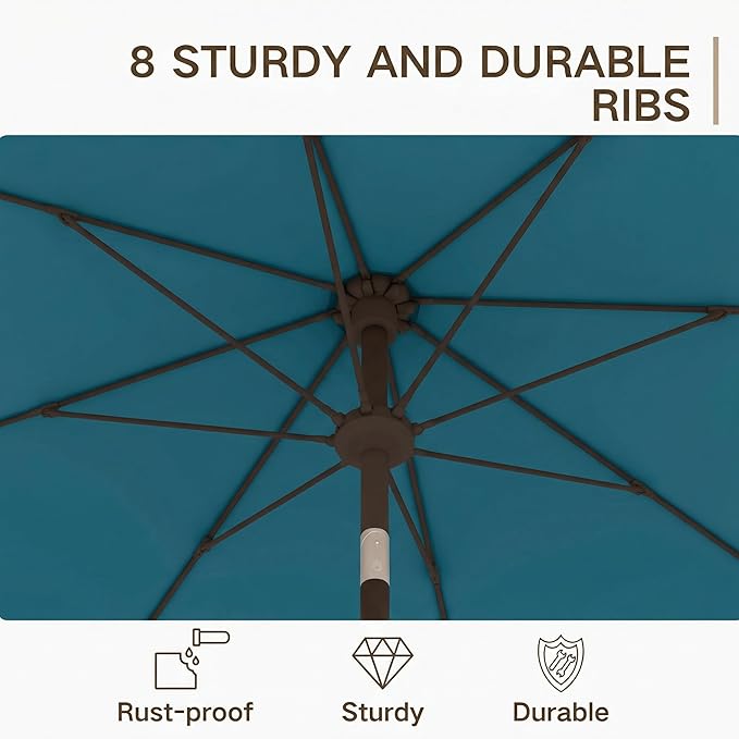 Kingdura 10FT Outdoor Patio Umbrella, Market Table Umbrella with Push Button Tilt and Crank, 8 Sturdy Fiberglass Ribs, UV Protection for Pool, Lawn, Deck, Backyard, Garden (Lake blue)