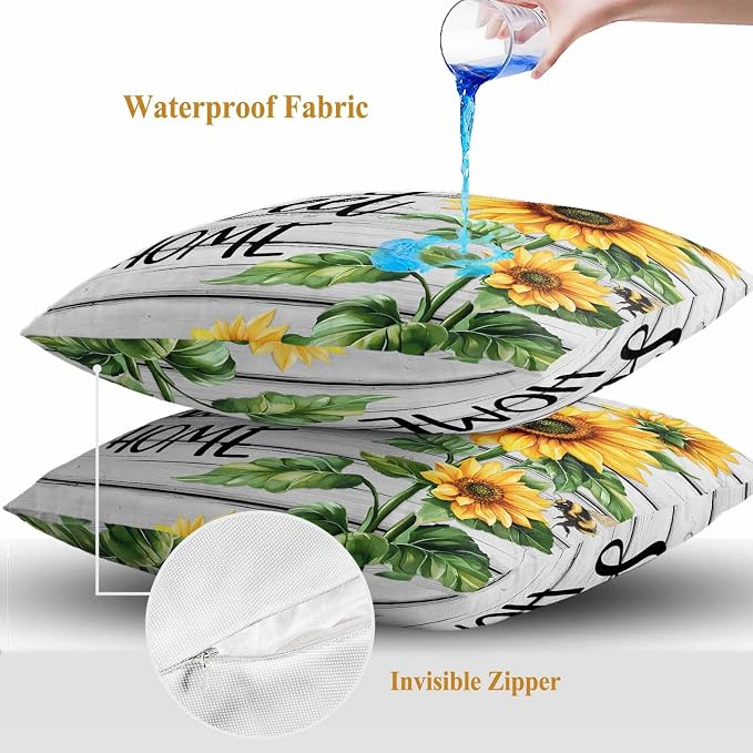 Throw Pillow Covers 20x20 Inch Set of 2, Yellow Sunflower Waterproof Outdoor Pillow Covers, Bee Wooden Grain Country Farmhouse Decorative Cushion Pillowcases for Couch, Sofa, Bed, Garden, Patio