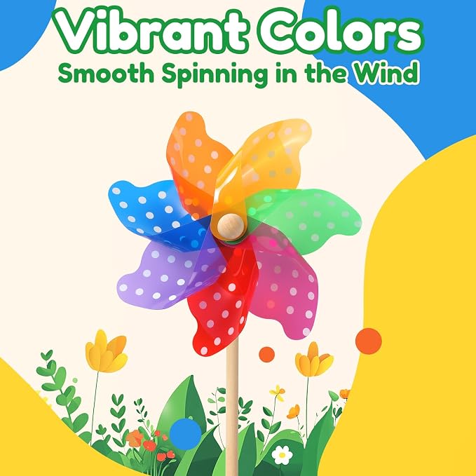 IilLittle 10 Pack Rainbow Pinwheel, Pinwheels for Kids | Assembly Instructions Included, Easy Assembly, Wooden Pole, PP Plastic, Waterproof, Sturdy
