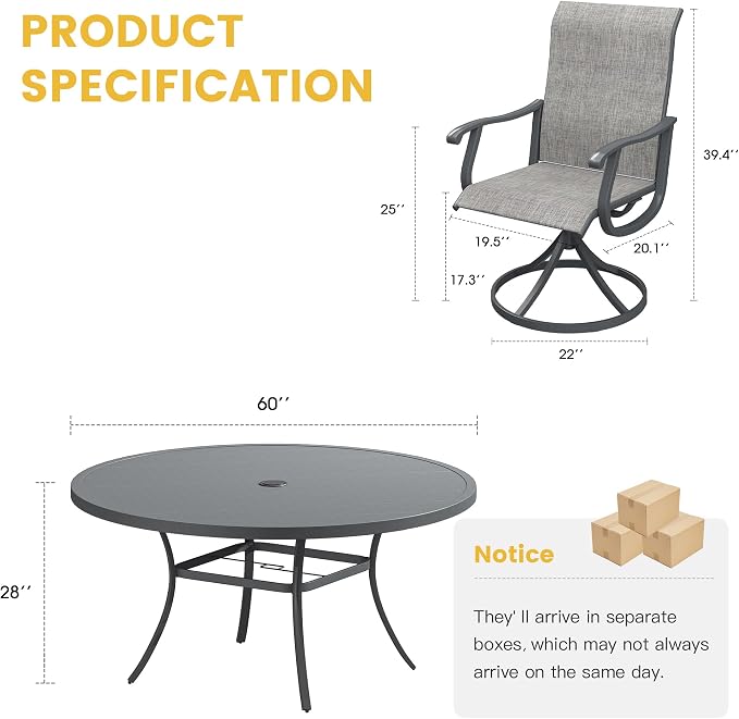 VICLLAX Patio Dining Set for 8, 9 Pieces Outdoor Furniture Includes 60" Round Patio Table with Umbrella Hole and 8 Outdoor Swivel Chairs for Lawn Garden, Grey Tabletop and Fabric