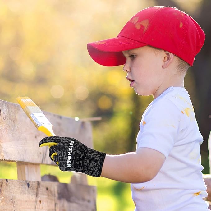 Kids Work Gloves, Sheepskin Leather Palm (Black, L, 6-7 Years Old) | Toddler 1-2Y, Reflective, Breathable Fabric Back, Flexible, Hand Protection, Kids Gardening Gloves for Yard Work, Outdoor