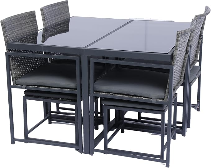 LUMISOL 9 Piece Outdoor Patio Dining Set with Glass Top Table,Patio Furniture Sets with Cushion,All Weather Sectional Conversation Set,Space Saving Patio Set for 8,Backyard,Beach