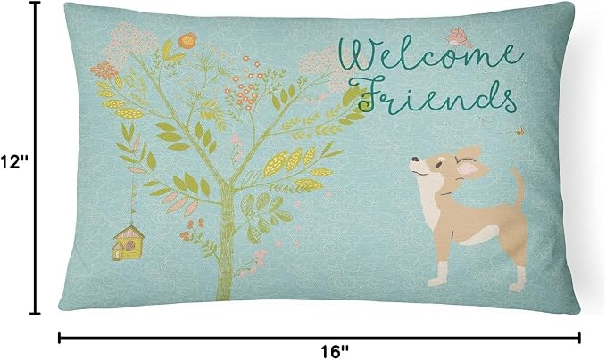 Caroline's Treasures BB7628PW1216 Welcome Friends Brown White Chihuahua Canvas Fabric Decorative Pillow Machine Washable, Indoor Outdoor Decorative Pillow for Couch, Bed or Patio, 12HX16W