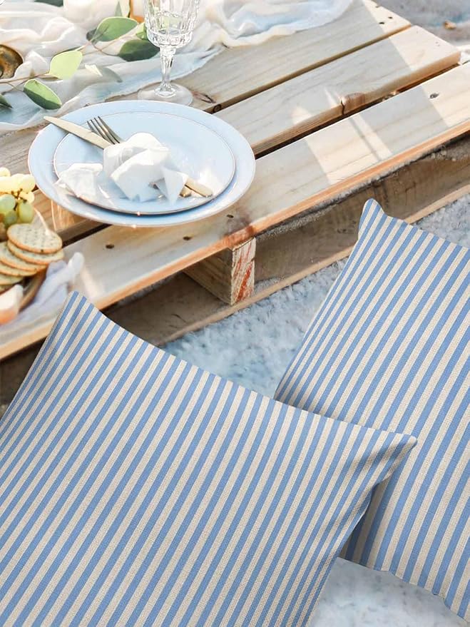 Outdoor Waterproof Throw Pillow Covers Set of 2 Blue Stripes Pillowcases 24x24 Inches Linen Classic Vertical Striped Patio Decorative Pillows Cushion Case Patio Pillows for Couch Bed Chair Garden