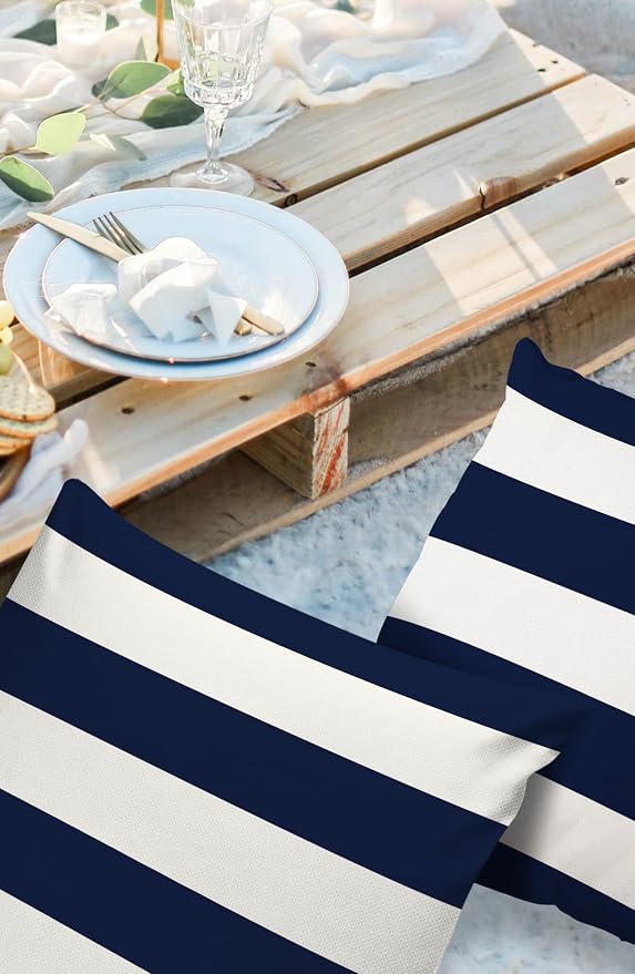 Outdoor Waterproof Throw Pillow Covers 24x24Inch, Nautical Stripe Navy Cushions for Garden Patio Furniture Chairs Set of 2, Blue White Home Decor Couch Sofa Polyester Pillow Cases
