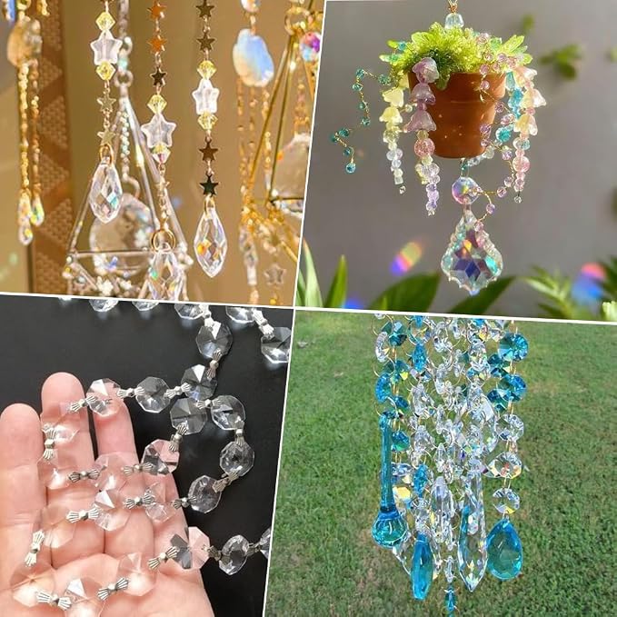 1 Box 120Pcs 14mm 2 Hole Octagon Beads Silver Crystal Glass Octagon Beads Chandelier Replacement Connector Suncatcher Faceted Spacer Prisms for DIY Lamps Hanging Ornament Pendant Jewelry