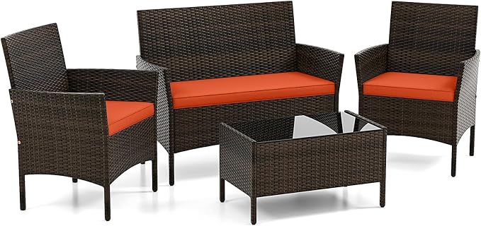 DORTALA Wicker Patio Furniture Set 4 Piece, Outdoor PE Rattan Table & Chairs Set with Tempered Glass Coffee Table, Loveseat, Cushions, Conversation Set for Balcony, Porch, Backyard, Deck, Orange