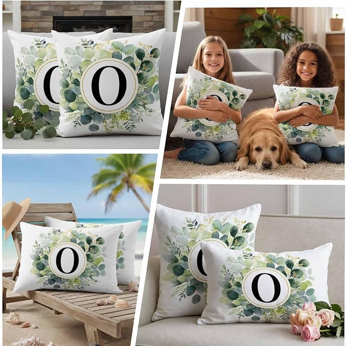 Letter O Waterproof Outdoor Pillow Covers Set of 2 Home Decor, Alphabet Green Eucalyptus Leaves Lumbar Pillowcase Patio Pillow Covers for Couch Bench Patio Furniture Garden 20x12in