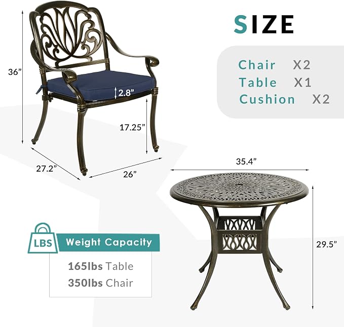 MEETWARM 3 Piece Patio Bistro Set, Outdoor All-Weather Cast Aluminum Dining Furniture Set Includes 2 Cushioned Chairs and a 35.4” Round Table with Umbrella Hole for Garden Deck, Navy Blue