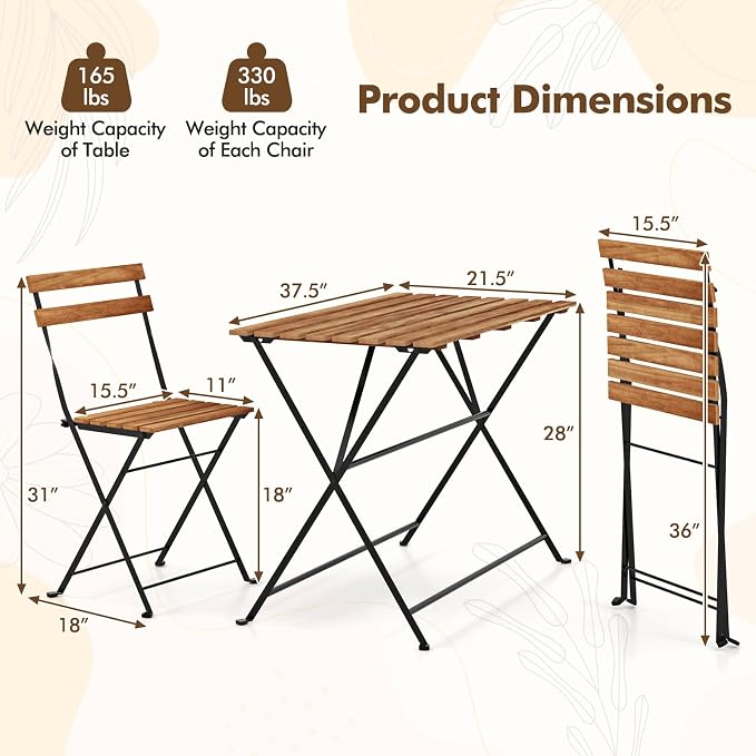 Giantex 5-Piece Outdoor Dining Table Set for 4, Acacia Wood Bistro Table with 4 Folding Patio Chairs, Slatted Seat & Tabletop, Metal Frame, for Yard Porch Garden Poolside (Black + Brown)