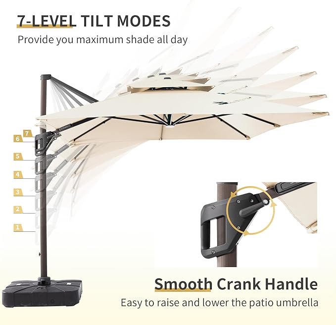 JZAC & QZYD 10X13 FT Outdoor Cantilever Patio Umbrella with Base Included and LED Lights, Large Heavy Duty 2-Tier Aluminum Offset Umbrellas with 360-Degree Rotation for Pool Deck, Beige