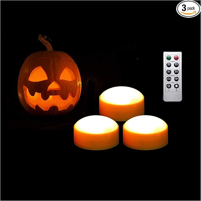 3 PCS Halloween Pumpkin Lights with Remote and Timer Battery Operated LED Decorative Bright Flickering Flameless Candle Set Bulk for Jack-O-Lantern Décor Party Home Christmas Decorations, Orange Color