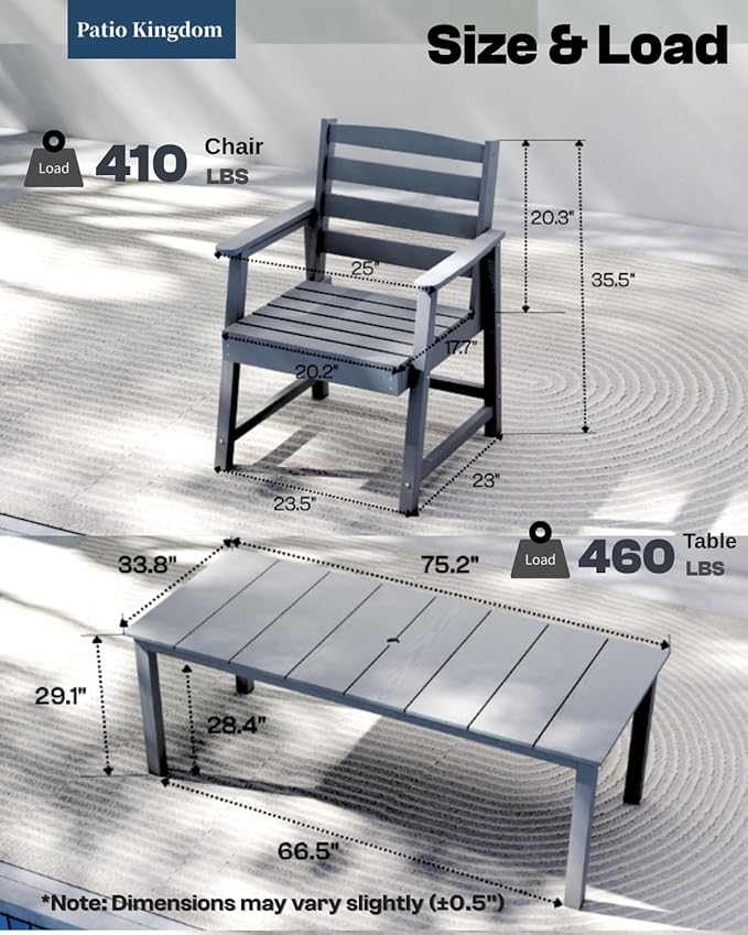5-Piece Grey Outdoor Dining Set with White 15FT Large Patio Umbrella, 75.2'' HDPE Table & Chairs for 8, Weather-Resistant Furniture with Umbrella Hole for Patio, Lawn, Poolside