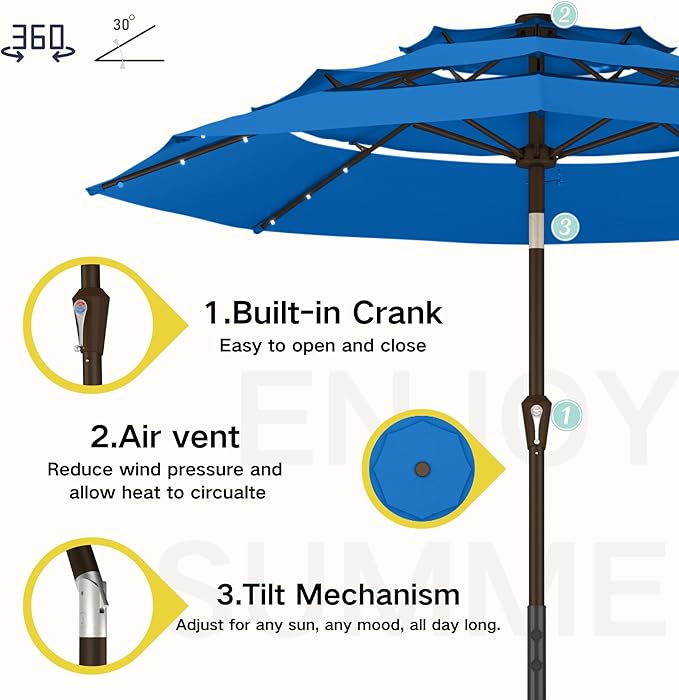 Kingdura 10ft 3-Tier Patio Umbrella with Solar Lights, Table Umbrella Outdoor Patio with Easy Crank & Tilt, 8 Sturdy Ribs, UV Protection, 32 LED Lights for Deck, Poolside, Market (Royal blue)