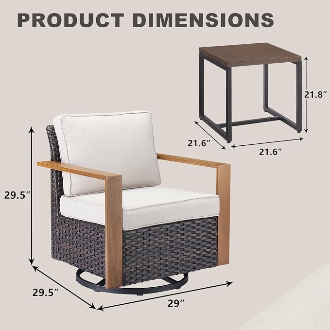 Outdoor Patio Swivel Rocker Chairs - 3 Piece Wicker Patio Furniture Bistro Set with 2 Swivel Rocking Chairs and 1 Metal Side Table,Thick Cushions,Deep Seating for Deck Porch Garden(Brown/Beige)