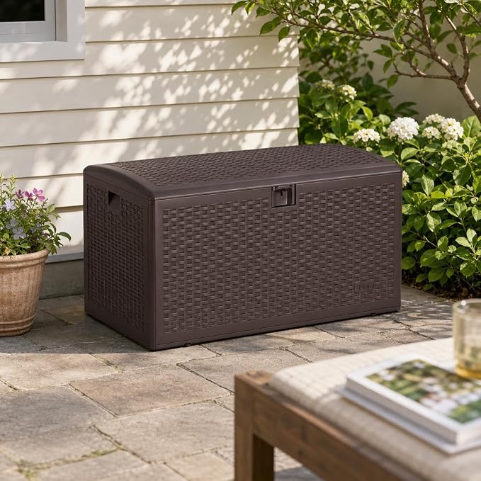 99 Gallon Outdoor Resin Deck Box - Weatherproof Large Storage Bench with Lockable Hydraulic Lid - UV Resistant Wicker Style for Garden Tools, Pool Toys, Furniture Cushions - Black