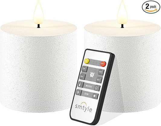 smtyle Vintage White Flickering Flameless Plastic Pillar Candles 3"x3" Set of 2 Battery Operated with Timer Electric Wedding LED Candles for Tables Bathroom Decor