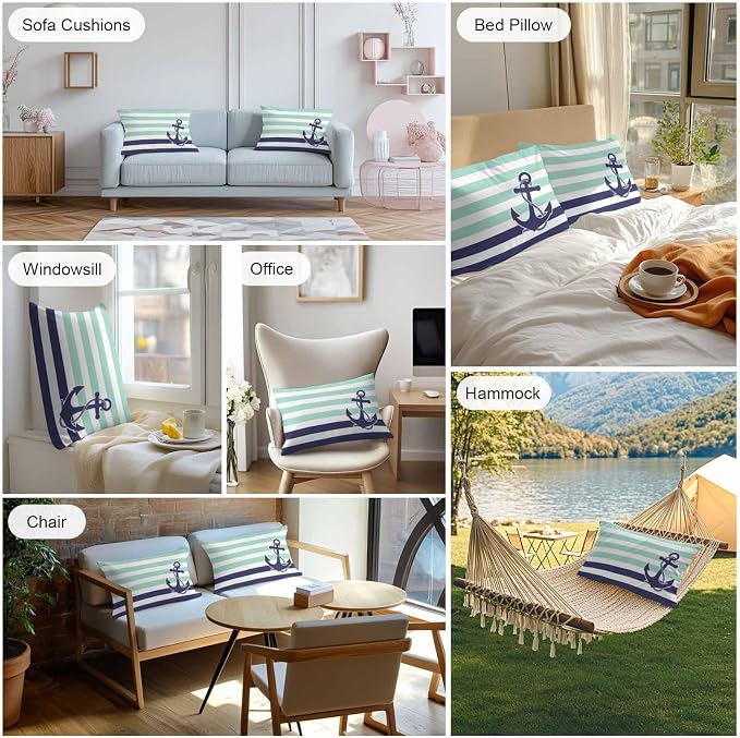 Lumbar Pillow Covers 20x12 Inch Set of 2, Anchor Aqua Waterproof Outdoor Cushion Covers, Modern Navy Blue White Striped Nautical Decorative Pillowcases for Couch, Sofa, Bed, Garden, Patio