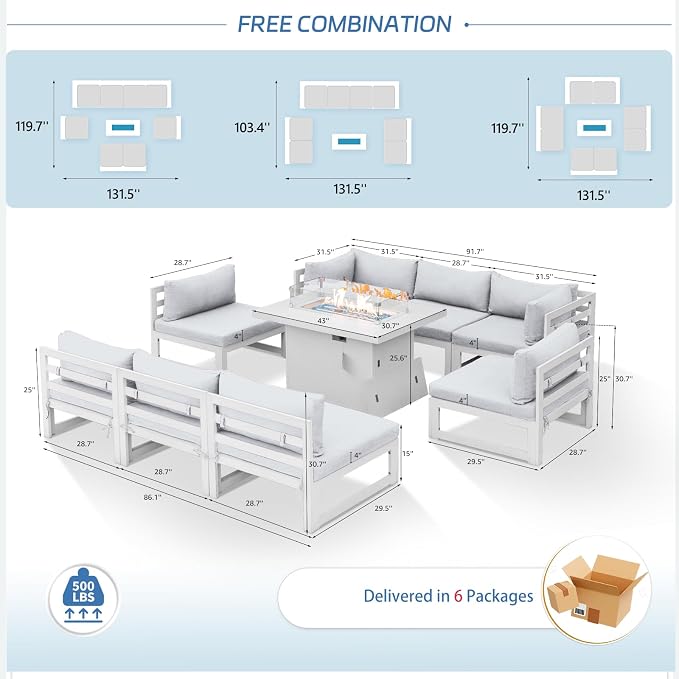 NICESOUL Aluminum Frame Patio Furniture Set with Firepit Table, Oversized Modular L Shaped Outdoor Sectional Sofa, 29" Deep Seating, 9 Piece 500 lbs Heavy Duty Conversation Set for Deck, Light Grey