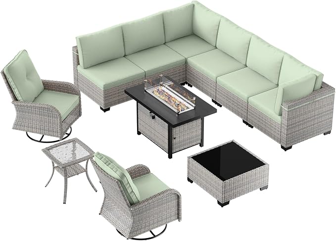 11-Piece Patio Furniture Set, Outdoor Patio Furniture with 55,000 BTU Fire Pit Table, Swivel Chairs Set, Thick Cushions, Modular Patio Sofa, Dual-Strand Rattan, Rust-Resistant Frame, Light Green