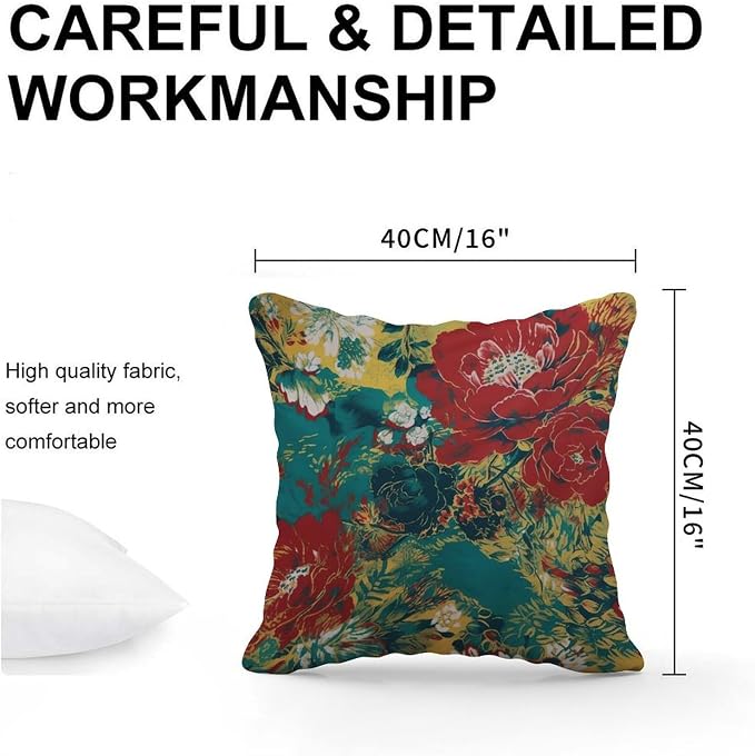 Animal Tiger Stripe Colorful Chinoiserie Throw Pillow Covers Peony Floral Asian Cushion Cover 16x16 INFarmhouse Accent Decorative Cushion Covers Home Decor for Patio Couch Tent Sofa