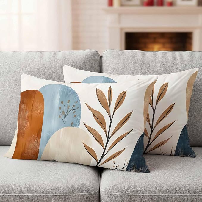 Bohemian Nordic Outdoor Waterproof Throw Pillow Covers Set of 2, 20"x12", Simple Colorful Abstract Leaves Decorative Pillow Covers Outside Cushion Case for Patio Porch Garden