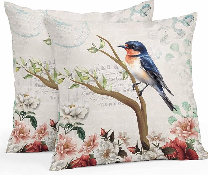 Spring Bird Branch Waterproof Outdoor Pillow Covers Set of 2 Home Decor, Farmhouse Vintage Botanical Floral Pillowcase Patio Pillow Covers for Couch Bench Furniture Garden 20x20in
