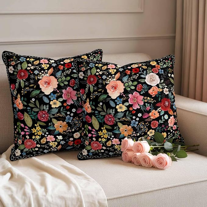 Watercolor Flowers Waterproof Outdoor Pillow Covers 24''x24'' Set of 2, Farmhouse Floral Patio Furniture Black Cushion Covers for Chairs, Decorative Vintage Wildflowers Pillow Cases for Garden/Pool