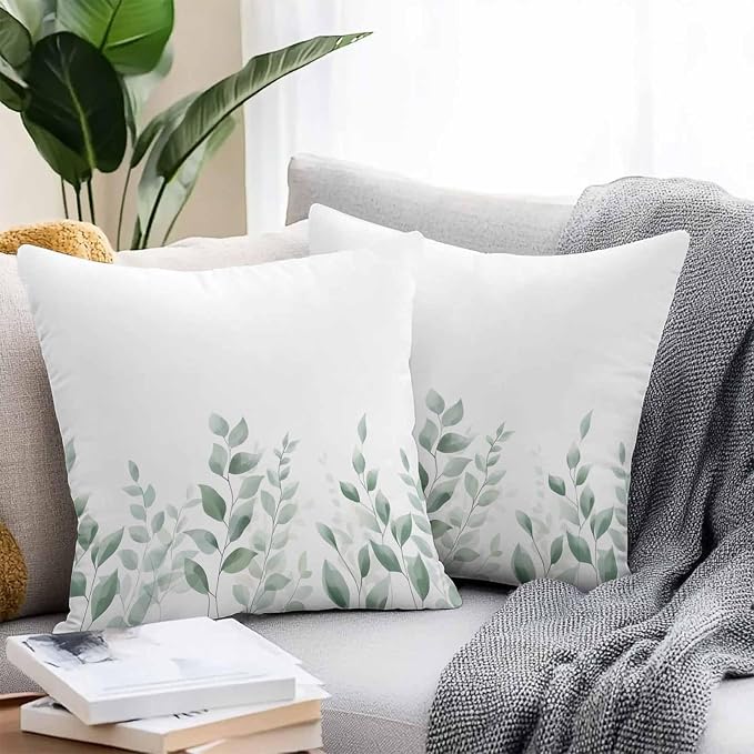 Sage Green Botanical Outdoor Waterproof Throw Pillow Covers 16x16 Set of 2, Pastoral Leaf Watercolor Decorative Pillowcases Cushion Pillowcase for Couch Sofa Patio Outside Pillow Protector