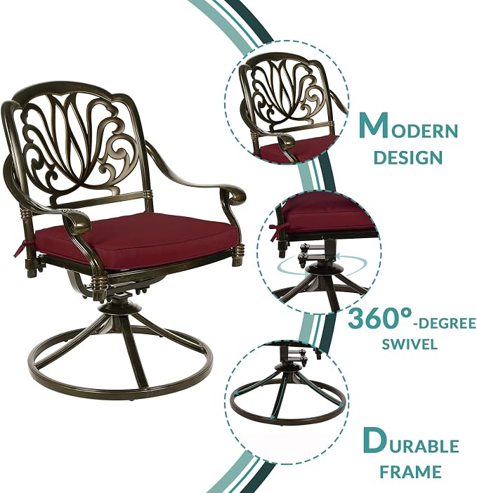 MEETWARM 5-Piece Outdoor Patio Dining Set, All-Weather Cast Aluminum Patio Conversation Set for Backyard Garden Deck with 4 Cushions Swivel Rocker Chairs and 35.4" Square Table, Chili Red