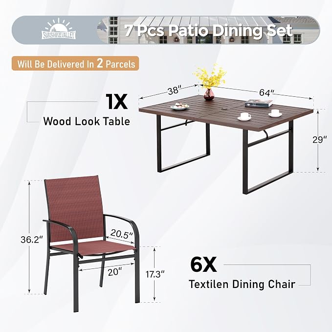 SUNSHINE VALLEY 7 Piece Patio Dining Set for 6, 64”Rectangular Wood-Like Dining Table with Umbrella Hole, 6 Metal Red Chairs, Outdoor Table and Chairs Set for Lawn Backyard and Deck
