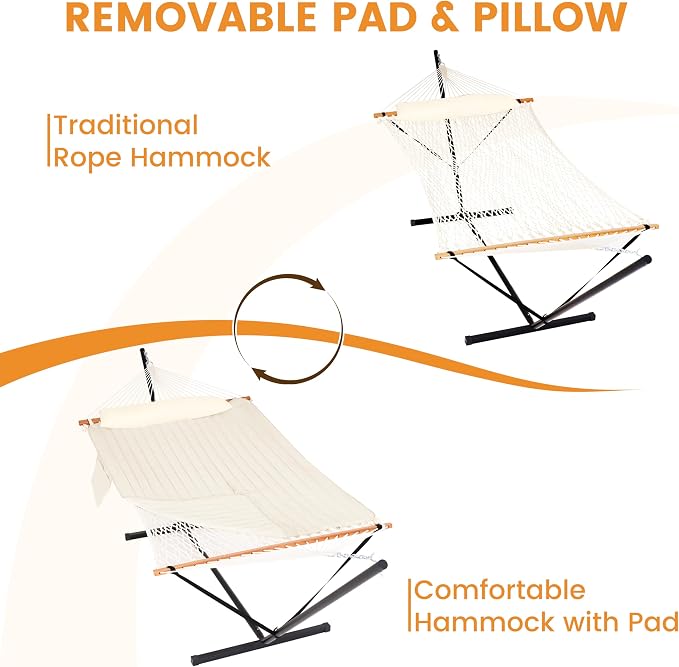 Lazy Daze Hammocks 2 Person Portable Hammock with 12FT Stand, Double Hand Woven Cotton Rope Hammock with Detachable Quilted Pad & Pillow for Outside, 450lb Capacity, Natural