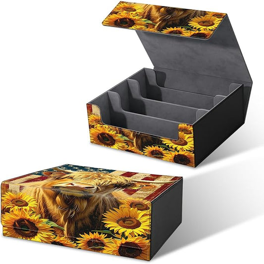 Large Card Deck Box for MTG, Fits 1200+ Sleeved Cards, PU Leather Storage Case with Strong Magnetic Closure, Multiple Colors for TCG CCG Baseball Card Collections, Yellow Cow Sunflower