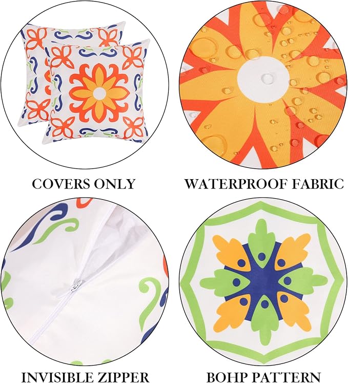 Pyonic Outdoor Waterproof Throw Pillow Covers for Patio Furniture Decorative Boho Pillow Covers 12x20 Floral Printed for Patio Tent Couch Garden Set of 4,Orange