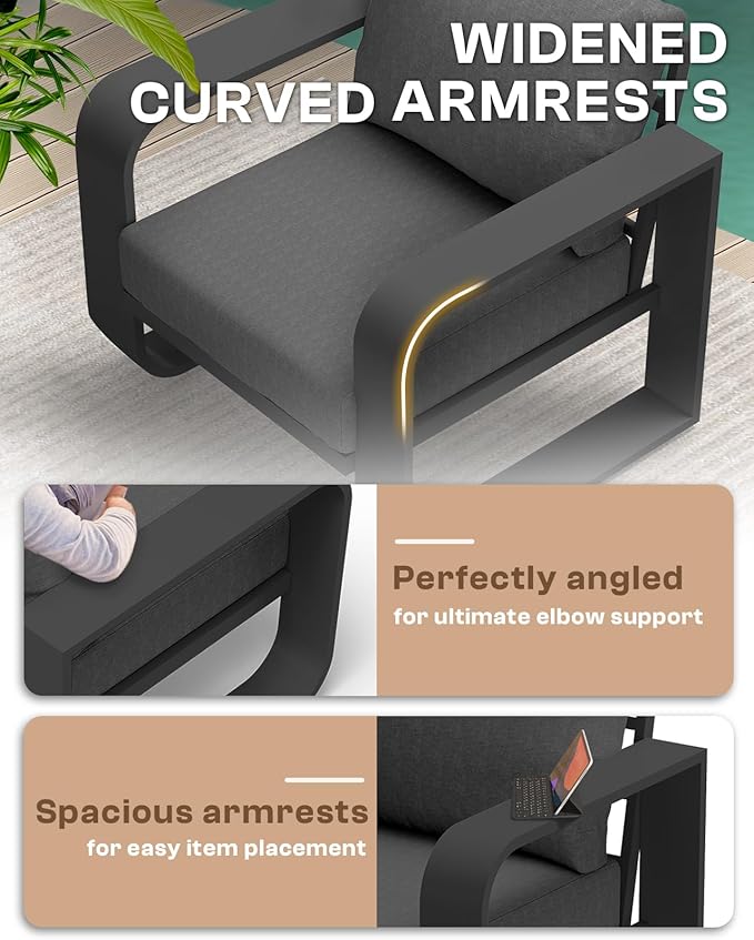 Aluminum Outdoor Sofa Bistro Set, Oversized Patio Conversation Sets Widened Armrest & Ultra-Thick Cushions, Deep Seating Patio Furniture Set for Backyard, Deck, Graphite