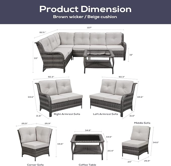 Belord Patio Furniture Set 6 Seats, Oversized Outdoor Sectional Couch, Two 3-Seater Sofas with Coffee Table, Patio Conversation Sets,Ideal for Porch, Deck, Mixed Grey Wicker/Beige Cushion