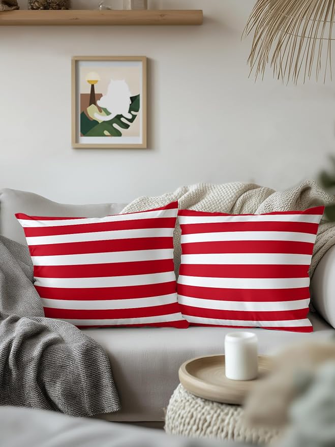 Waterproof Outdoor Pillow 1 Pack Red Stripes Decorative Throw Pillows Cover & Insert 16x16 Inch Pillowcase Classic Striped Lines Square Pillows for Couch Sofa Bed Patio Furniture Indoor Outdoor
