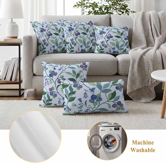 Blueberry Leaves Outdoor Pillow Covers 16"x16" Set of 2, Watercolor Blue Purple Fruit Floral Leaf Blue Waterproof Throw Pillow Covers for Patio Furniture, Decorative Cushion Covers for Porch
