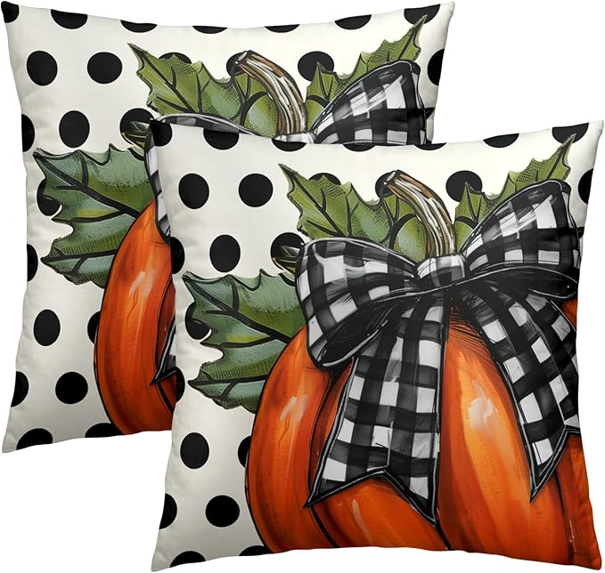 Fall Throw Pillow Covers Set of 2-20x20 Inch Polka Dots Burnt Orange Pumpkin Farmhouse Festival Decorative Square Pillowcases for Sofa Bed Couch Porch Seasonal Home Decoration