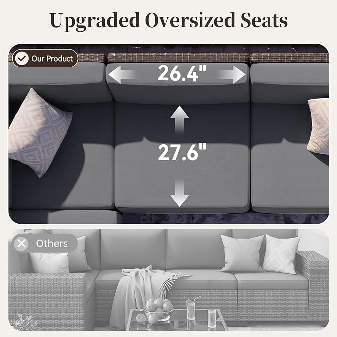 LazySunsets Patio Furniture Set, 6 Pieces Wicker Outdoor Sectional Sofa with 10'' Ultra-Thick Cushions & Ottomans, All-Weather Rattan Conversation Set for Backyard Poolside, Brown/Dark Gray