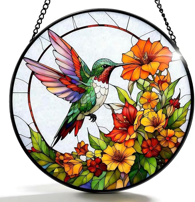 Stained Glass Window Hanging - Hummingbirds are Collecting Nectar 7.8 Inches Suncatcher for Garden Home Decor for Women Mon Grandma Friends