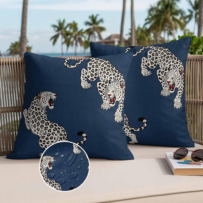 Navy Blue Leopard Outdoor Waterproof Pillow Covers Pack of 2, Modern Style Wild Animal Rustic Linen Texture Throw Pillowcases Decorative Cushion Covers for Garden Patio Tent Sofa Couch, 16x16 inch