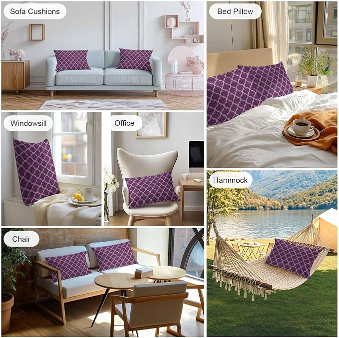 Dark Purple Moroccan Outdoor Pillow Covers 20x12 Inch Lumbar Pillow Covers Set of 2 Waterproof Decorative Throw Pillow Cases Country Abstract Quatrefoil Lattice Cushion Covers for Patio Furniture