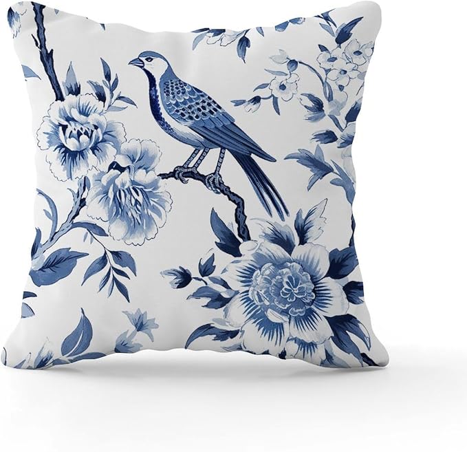 Pillowcase Blue Indigo Floral Chinoiserie Cushion Cover Farmhouse Asian Navy Lotus Bird Pillow Cover Accent Farmhouse Decor Pillow for Couch Sofa Patio 24x24 in
