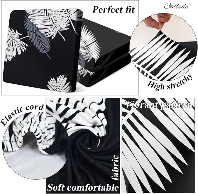 CALBODE 14Pcs Stretch Patio Cushion Covers Dustproof Outdoor Cushion Covers Washable Patio Couch Cover Slipcovers for Outdoor Furniture Protector Replacement(Black Palm Leaves, Cover Only)