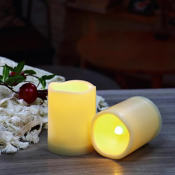 Waterproof Outdoor Battery Operated Flameless Candles with Auto Timer Flickering Plastic Resin Electric LED Pillar Lights for Lantern Patio Garden Wedding Party Decorations 3x4 Inches 6 Pack White