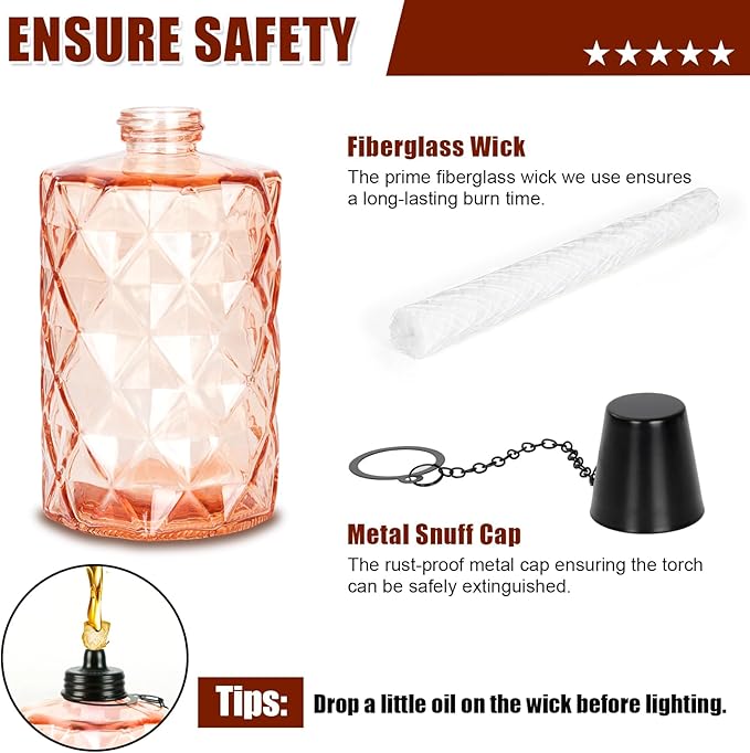 Nonley Glass Table Top Torches, 4 Pack Citronella Torches for Outside, 12oz Flame Light Torch,Refillable, Wick and Cap Included, Landscape Lanterns Torches for Garden Yard Patio Party Décor