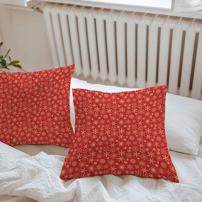 Red Christmas Outdoor Pillow Cover 24x24 Inch Cushion Sham Case, Farmhouse Gold Snowflakes Winter Xmas Waterproof Decorative Square Throw Pillowcase for Outside Garden Patio Porch Couch Chair Tent